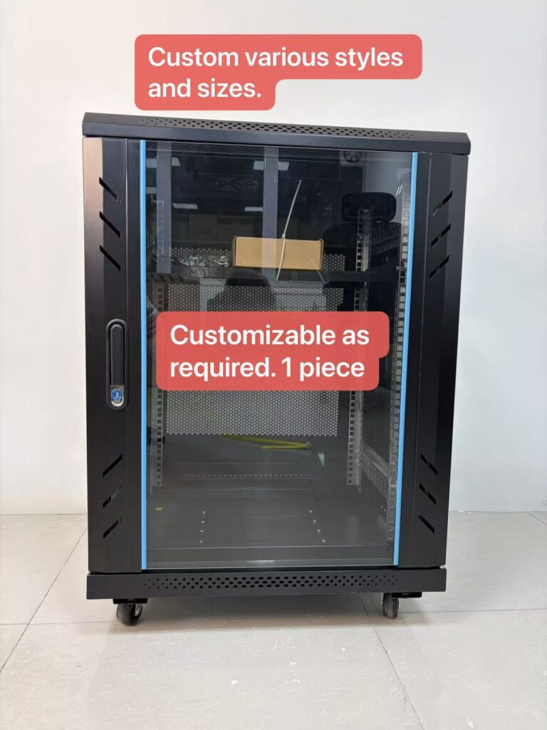 15U Floor Standing Network Cabinet with Wheels, 600×600×800mm, Cold Rolled Steel, Glass Door, 19 Inch Standard