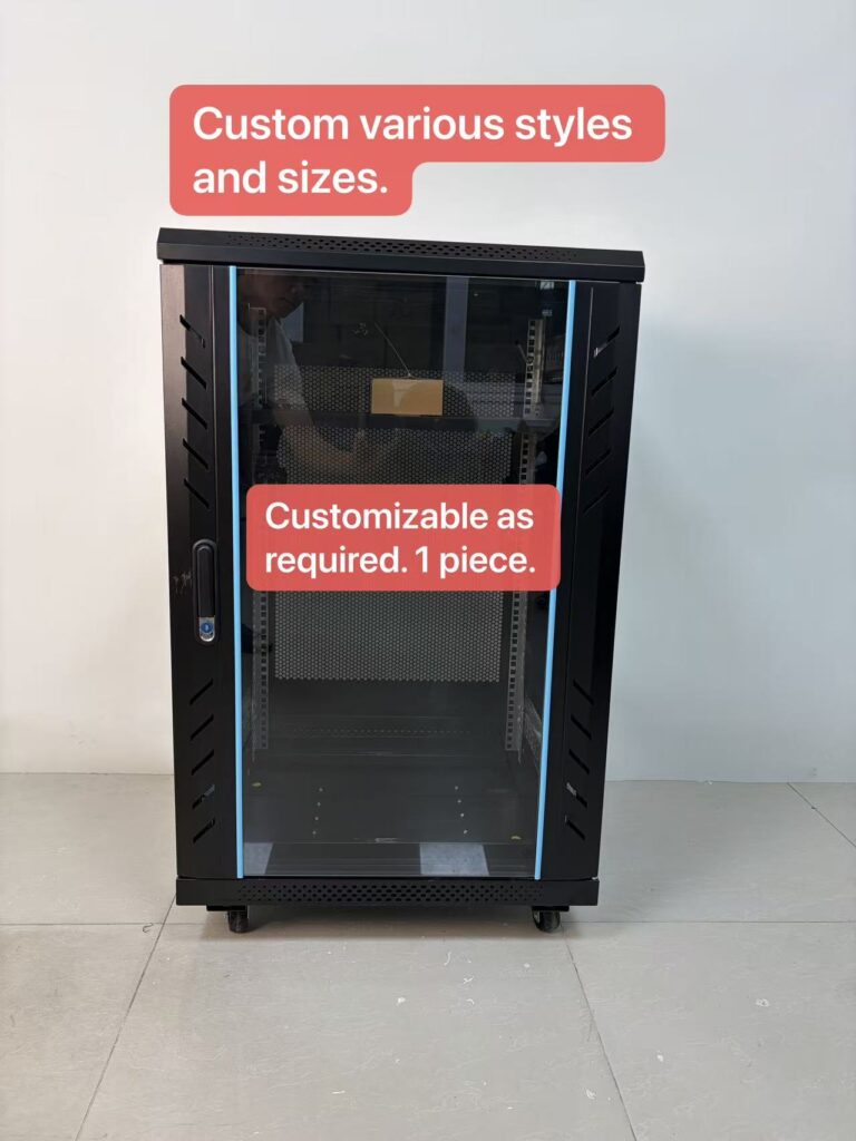 18U Floor Standing Network Cabinet with Wheels, 600×600×1000mm, Cold Rolled Steel, Glass Door, 19 Inch Standard