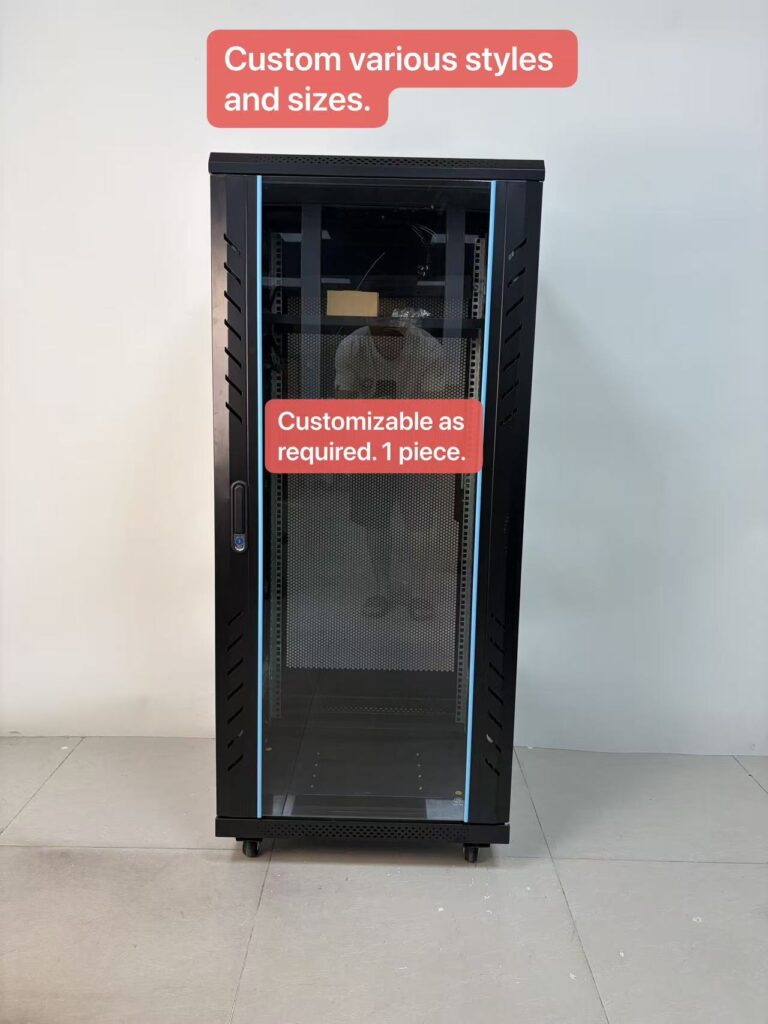 27U Floor Standing Network Cabinet with Wheels, 600×600×1400mm, Cold Rolled Steel, Glass Door, 19 Inch Standard