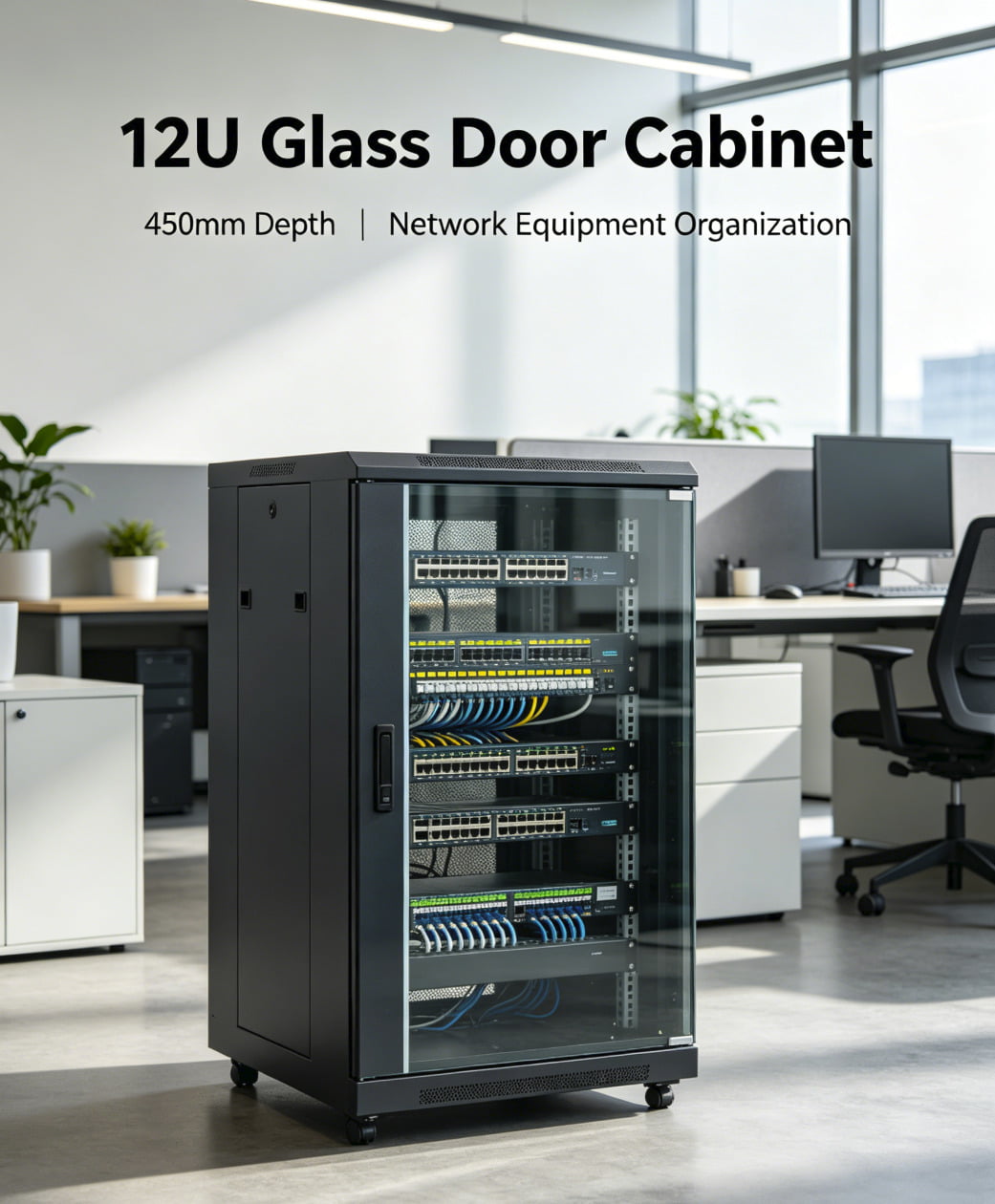 12U 450mm Glass Door Network Cabinet A 12U wall-mount network cabinet with a glass door installed in a small office.