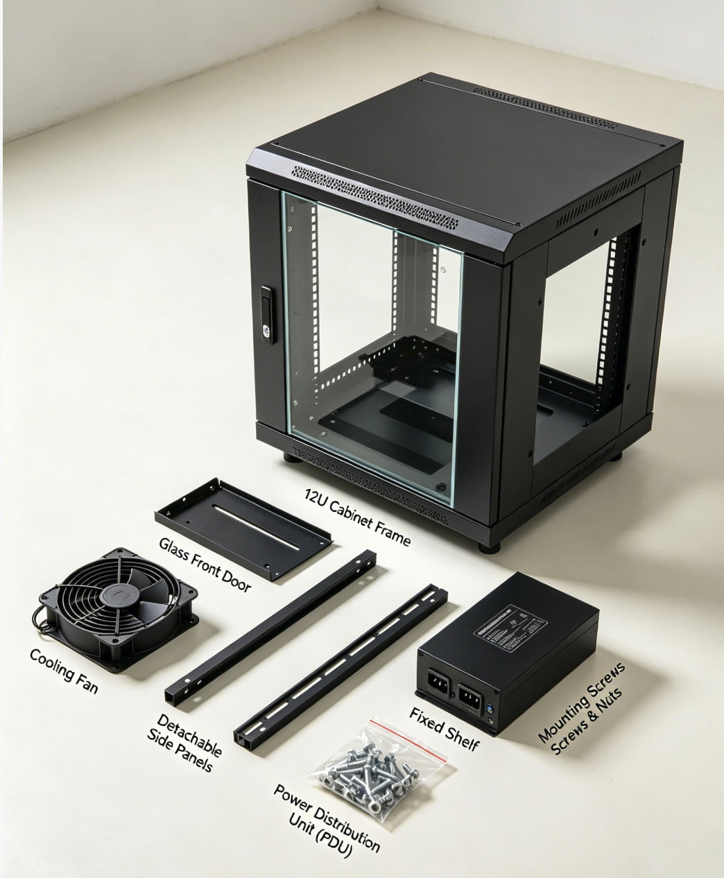Standard 12U Cabinet Accessories A standard 12U cabinet package with all its included accessories laid out.