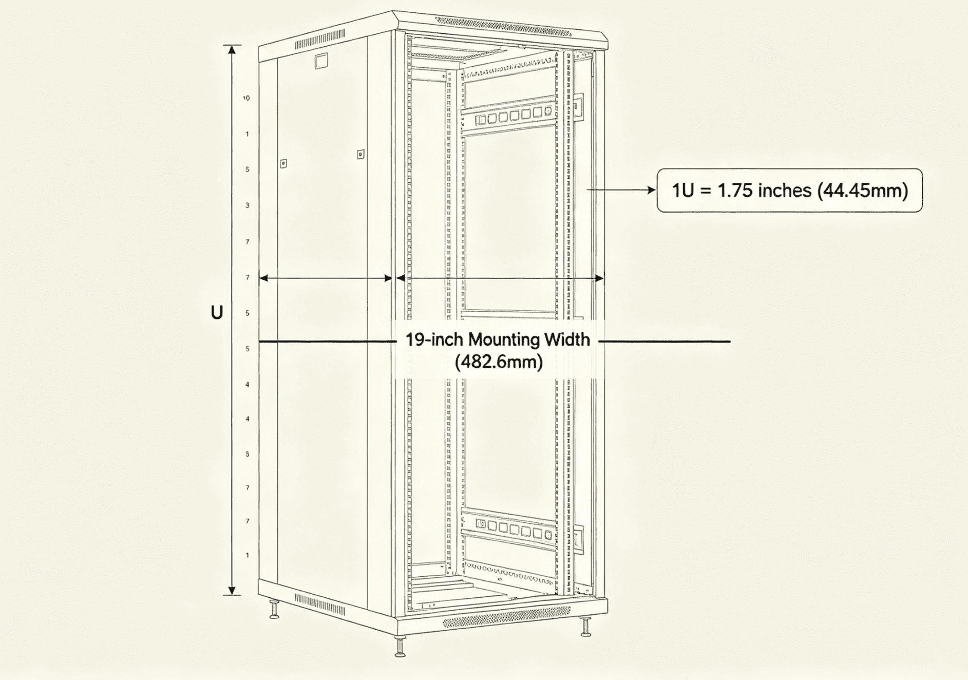 Standard Network Cabinet Size A standard 19-inch 42U network cabinet in a data center