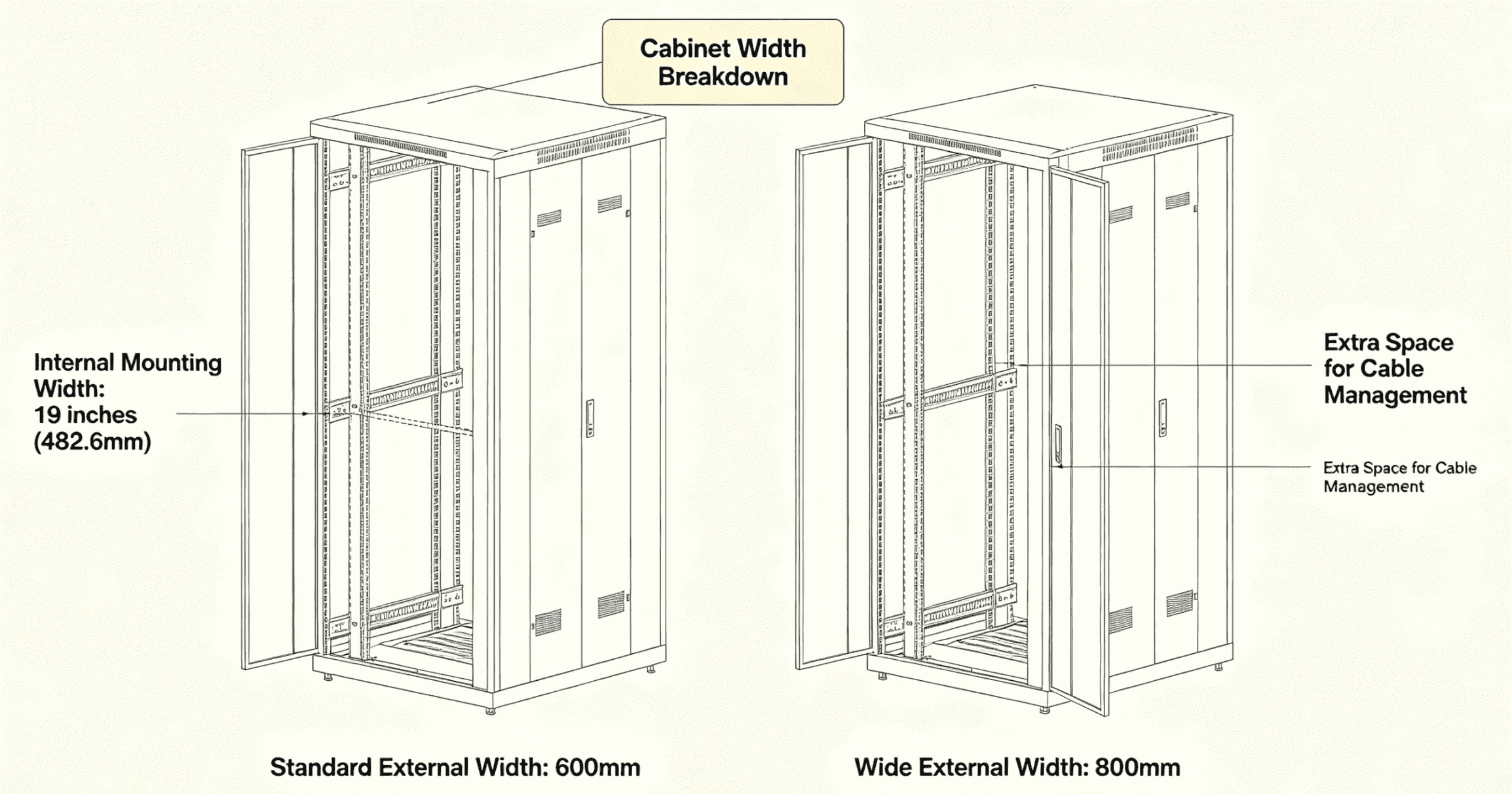 19-inch vs 600mm Cabinet Width Diagram showing the difference between internal 19-inch mounting width and external 600mm cabinet width