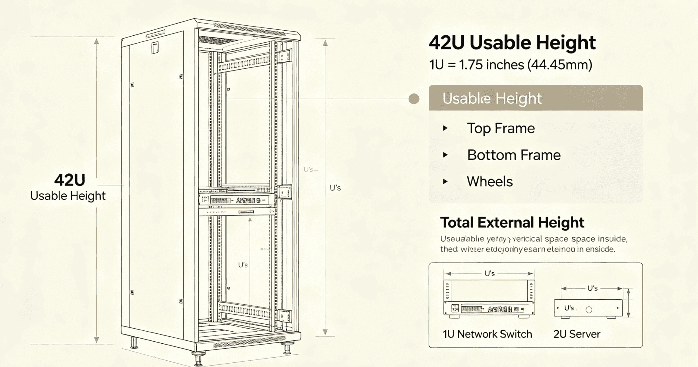 Network Cabinet U Height Measurement A server cabinet with U markings on the mounting rail