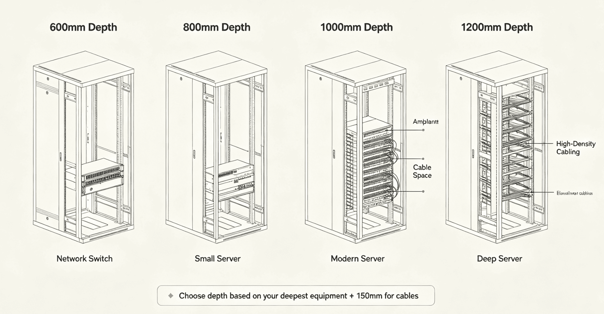 Server Cabinet Depth Side view of a server in a deep cabinet showing space for cables and airflow