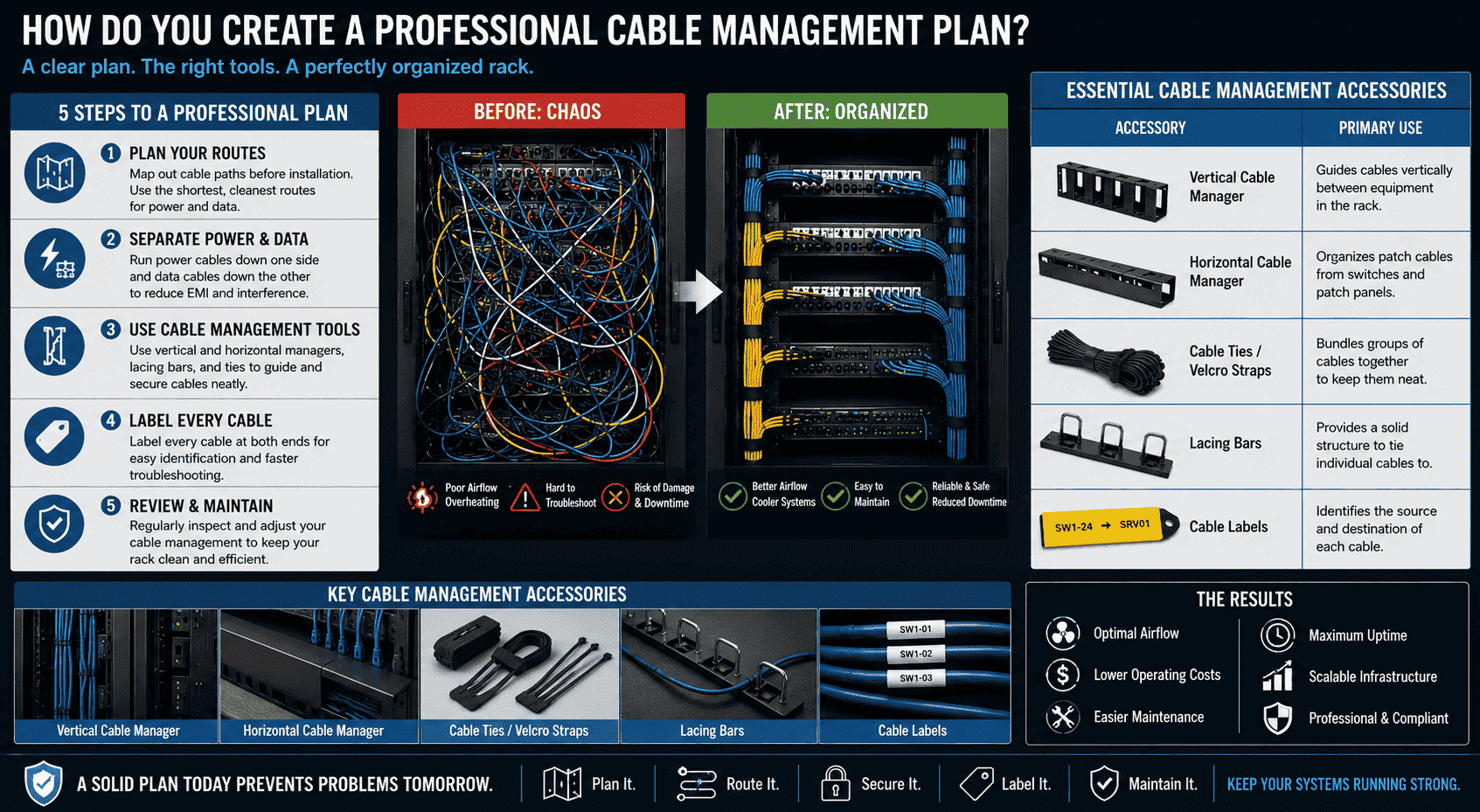 Cable Management Accessories A set of cable management accessories like ties, rings, and managers