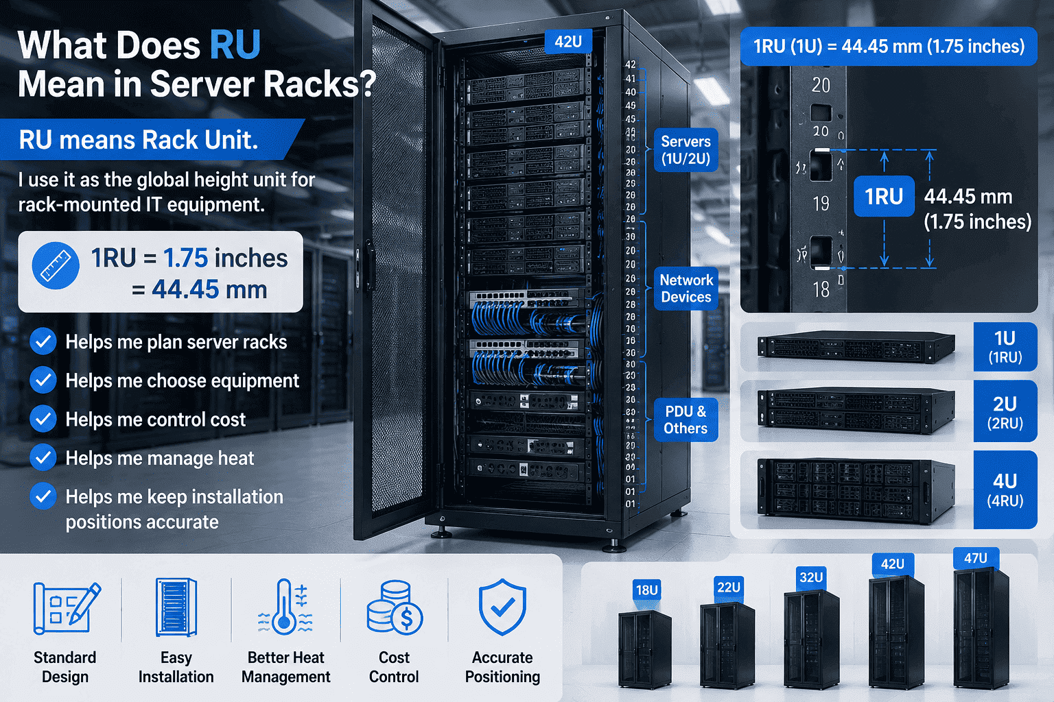 1RU exact server rack size 1RU 44.45mm server rack height